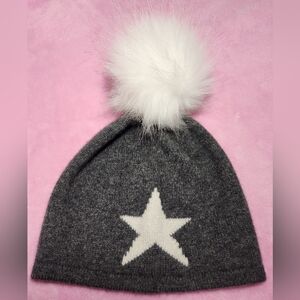 Hannah Rose Gray and White  Cashmere Star Beanie with Pom Pom